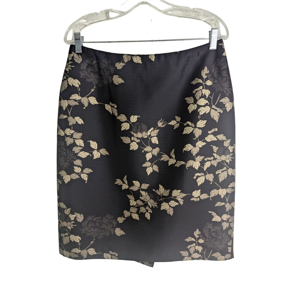 Silk/Wool Blend Floral Print Pencil Skirt SZ 12 Black & Gold Foil Leaves